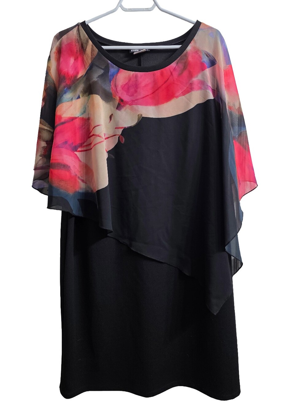 GG Collection Black Midi Dress Floral Cape Overlay - Size 22W